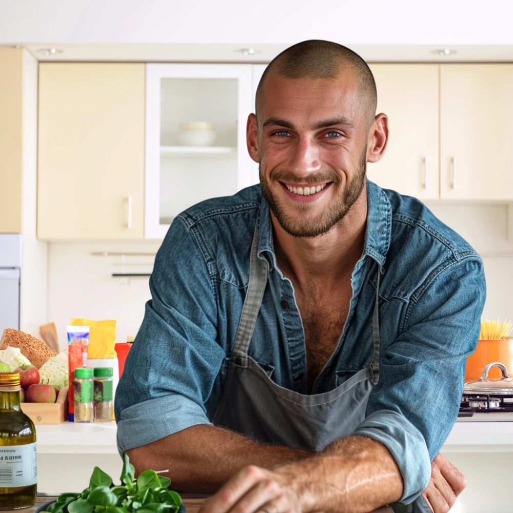 About Us 3 Chef Jack Miller smiling in a casual kitchen setting, wearing a denim shirt and apron, surrounded by fresh vegetables and cooking ingredients.