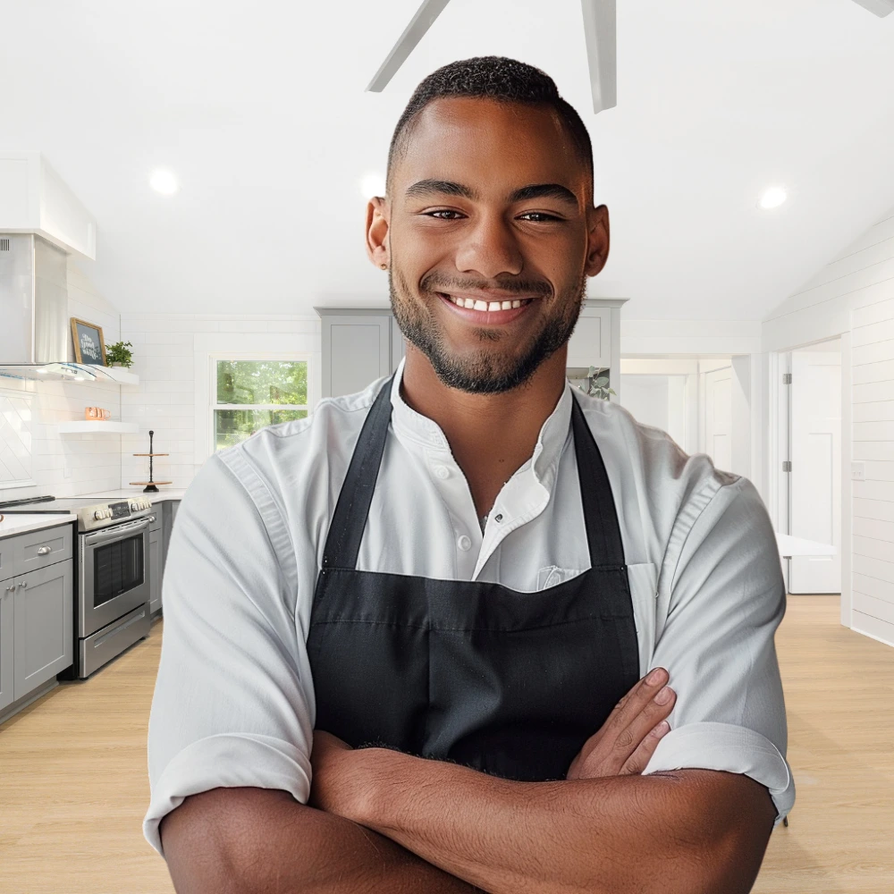 About Us 5 Chef Sam Rivers smiling warmly in a bright, modern kitchen, wearing a white shirt and dark apron with arms folded.