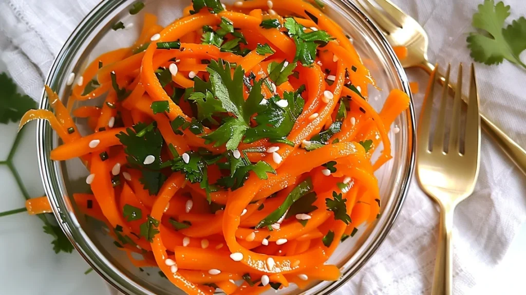 Raw Carrot Salad for Hormones 8 Serving of raw carrot salad for hormones with parsley garnish