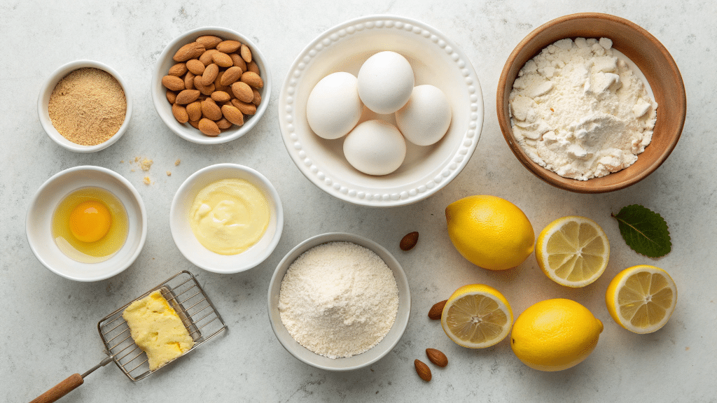 sugar free lemon cake sliced with icied glaze recipe 5 sugar free lemon cake ingredients laid out